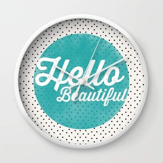 Hello Beautiful Teal Dots typography Wall clock